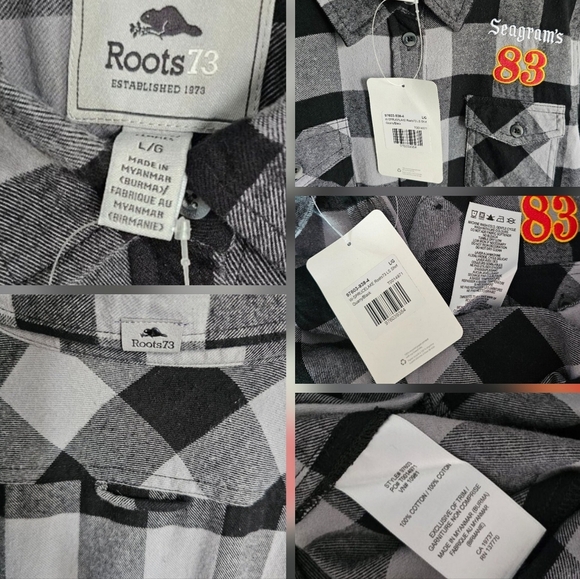 🇨🇦 Roots Spruce Lake Long Sleeve Grey & Black Plaid Flannel Button Shirt - Picture 3 of 16